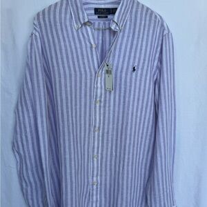 NEW Polo Ralph Lauren Striped Button Shirt Men XL Linen Light Purple/ White NWT